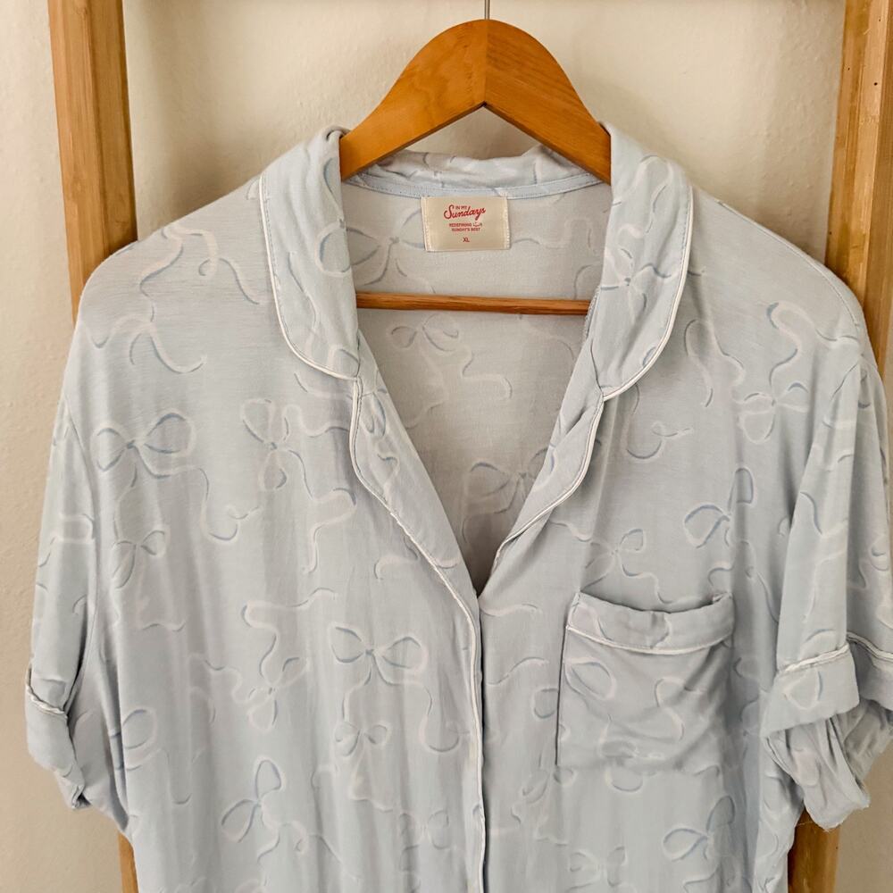 In My Sundays Heirloom Bows Sky Blue Pajama Set XL Tencel Button Front Lounge - Picture 4 of 15